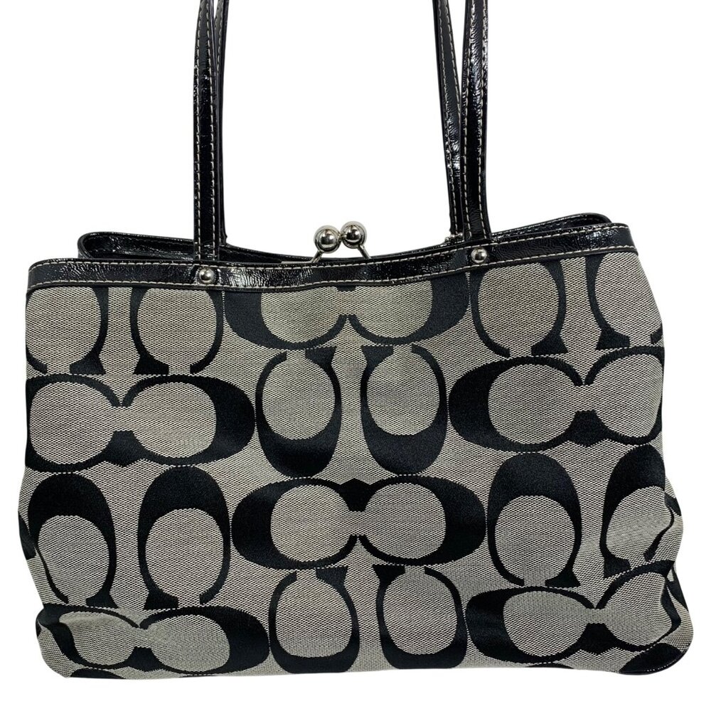 COACH Signature Stripe Carryall Satchel Handbag F19190 Kisslock Trio Pouch Bag - Picture 6 of 10